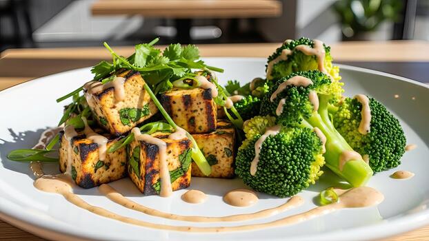 Grilled tofu and broccoli florets served with fresh herbs and creamy drizzle photo