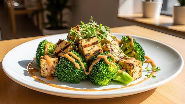 Grilled tofu and broccoli delight enhanced with a savory sauce and fresh herbs photo