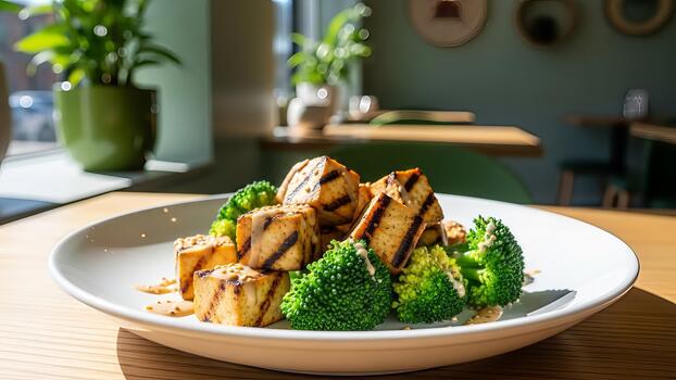 Grilled tofu and broccoli florets served on a pristine white plate in a restaurant setting photo