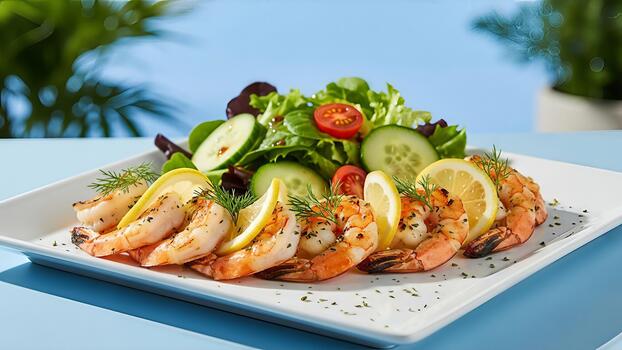 A la parrilla camarón con Fresco ensalada servido en un blanco plato crea un refrescante culinario experiencia foto