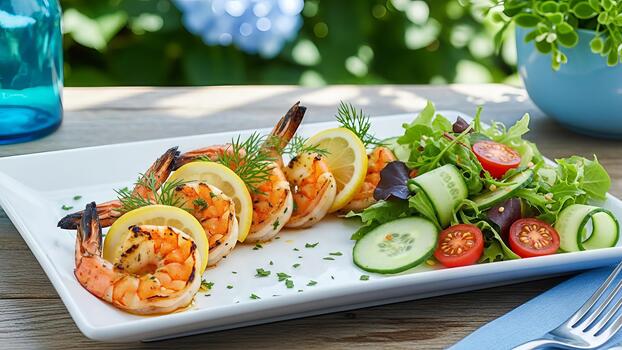 Grilled shrimp with fresh lemon slices and a vibrant salad on a sunny day scene photo