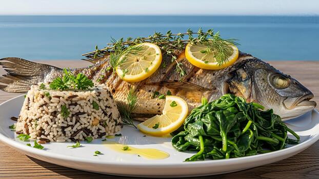 Grilled sea bass with lemon, rice pilaf, and spinach, presented against a serene ocean backdrop photo