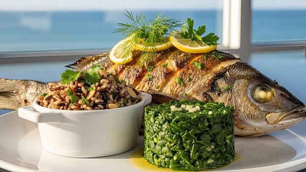 Grilled sea bass presentation with wild rice and spinach near the ocean backdrop photo