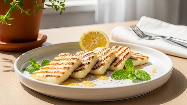 A la parrilla halloumi queso chapado con limón rebanada y menta adornar en un de madera mesa para ligero comida foto