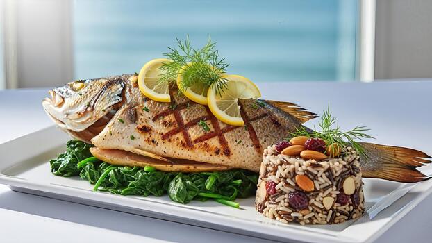 Grilled fish presentation with rice and spinach accompanied by lemon slices for a gourmet meal photo