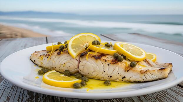 Grilled fish with capers and lemon slices on a plate at the beach for a coastal dining experience photo