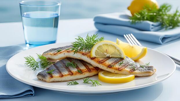 Grilled fish fillets with lemon and dill in a bright and refreshing outdoor setting photo