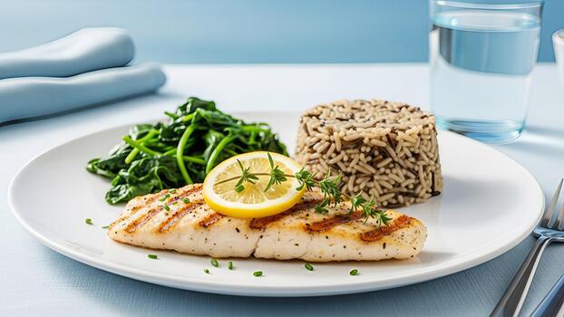 Grilled fish fillet with lemon slice, spinach and wild rice, presented on a clean, minimalist photo