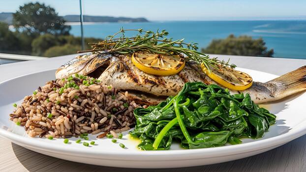 A la parrilla pescado plato con salvaje arroz, Espinacas y limón rebanadas con vista a el Oceano para elegante foto