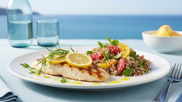 Grilled fish fillet garnished with lemon slices and a refreshing quinoa citrus salad photo