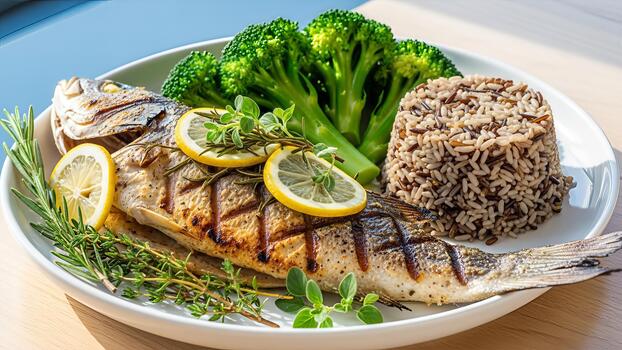 A la parrilla dorado con salvaje arroz, Fresco brócoli floretes y picante limón rebanadas ingeniosamente arreglado en foto