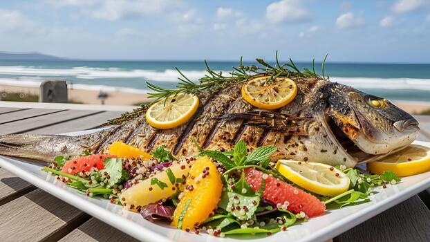 A la parrilla dorado pescado con agrios ensalada y quinua en un playa lado mesa ajuste foto