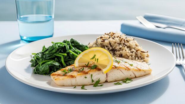 Grilled cod fillet with lemon, nutritious spinach and wild rice on a light background for a photo
