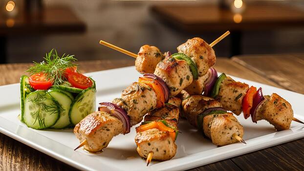 Grilled Chicken Skewers with Fresh Vegetables and a Decorative Cucumber Salad Arrangement photo