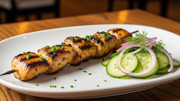 Grilled chicken skewers with fresh cucumber and red onion salad, a culinary delight photo