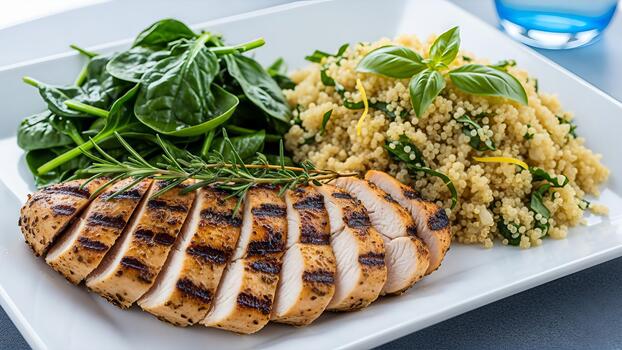 Grilled chicken breast with quinoa, spinach and basil offers a nutritious meal preparation photo