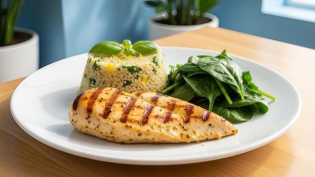 Grilled chicken breast with couscous and spinach a healthy and flavorful meal presentation photo