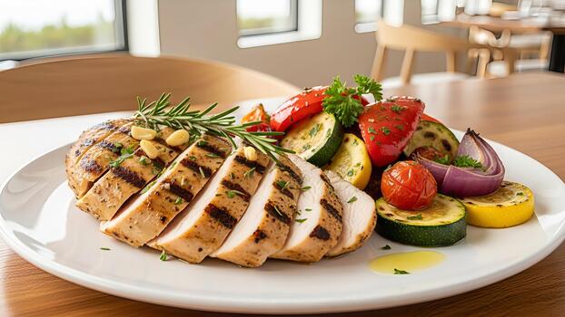 Grilled chicken breast with colorful vegetables, a healthy and balanced meal presentation photo