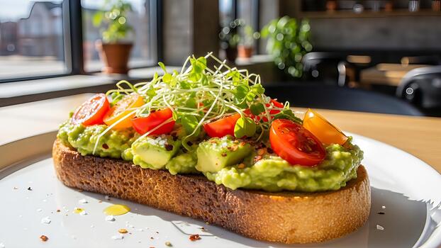 gastrónomo aguacate brindis presentación con Fresco coles y vistoso Tomates cerca ventana ligero para foto