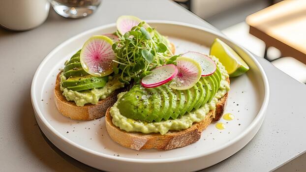 Gourmet avocado toast topped with radish slices and microgreens on rustic bread breakfast photo