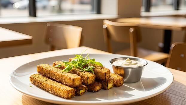 Golden fried tofu sticks adorned with fresh greenery served with a creamy dipping sauce on a photo