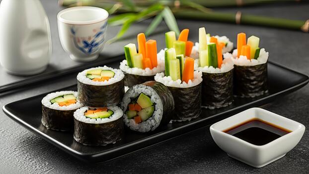 Fresh vegetable sushi rolls assortment on elegant black tray with sake and soy sauce in asian style photo