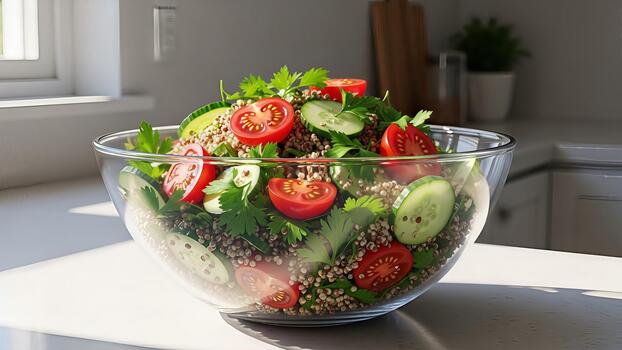 Fresh quinoa salad with tomatoes, cucumbers, and parsley served on a bright counter photo
