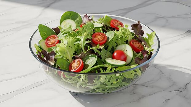 Fresh mixed salad with tomatoes and cucumber served in a glass bowl on marble table photo