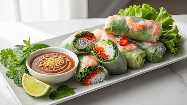 Fresh and Vibrant Vietnamese Spring Rolls with Peanut Dipping Sauce Presentation photo