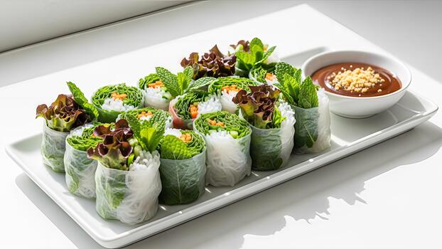 Fresh and vibrant spring rolls with dipping sauce, an enticing display of healthy cuisine photo