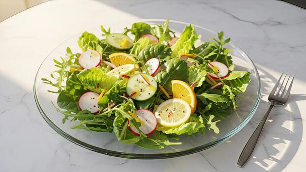 Fresco y vibrante mezclado verde ensalada con agrios, rábano, y Pepino servido en un mármol superficie foto