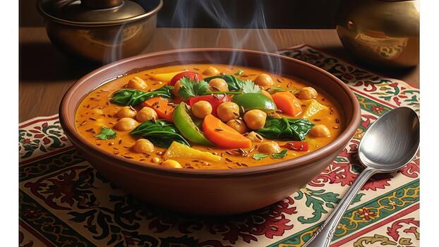 Fragrant vegetable chickpea curry served in traditional bowl on patterned cloth evokes warmth photo