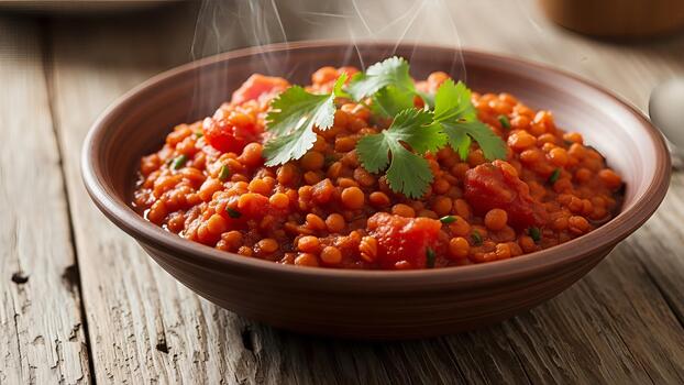 fragante lenteja estofado con Fresco cilantro adornar servido en rústico de madera mesa foto