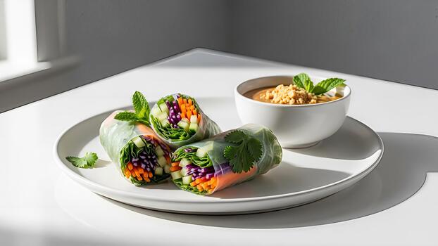 Exquisito vietnamita primavera rollos con maní salsa, un ligero y vibrante plato presentación en foto