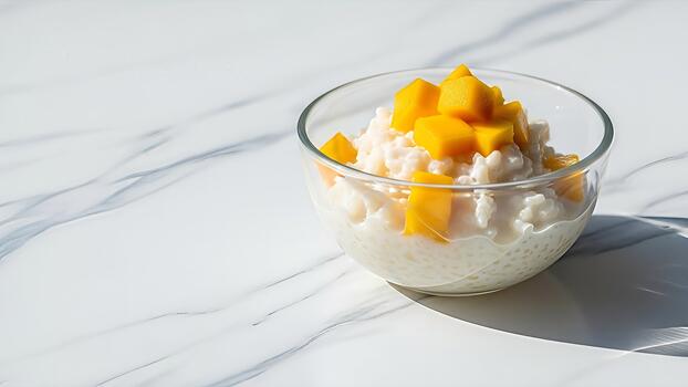 Exquisito tropical postre presentación presentando mango cubitos y tapioca pudín en mármol superficie foto