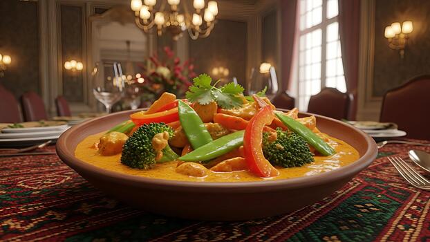 Exquisite thai curry dish presentation on an elegantly decorated table setting with fresh vegetables photo