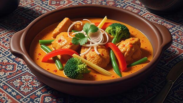 Exquisito tailandés rojo curry cuenco con equilibrado vegetales y especias en un texturizado paño mesa foto