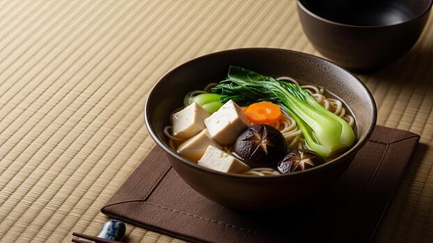 Exquisito presentación de japonés cocina, exhibiendo un sabroso y nutritivo cuenco de udon foto