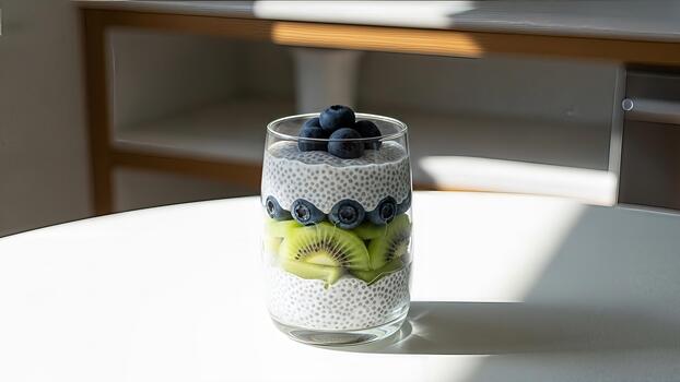 Exquisito en capas chia semilla pudín con Fresco kiwi y arándanos desayuno concepto fotografía foto