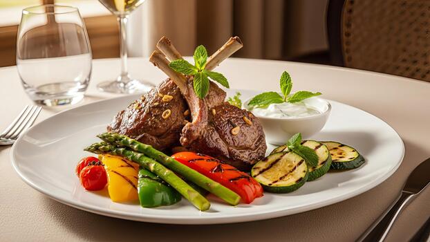 Exquisito Cordero labios servido con A la parrilla vegetales y refrescante yogur salsa monitor foto