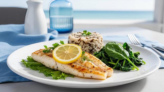 Exquisito A la parrilla pescado filete presentación complementado por Espinacas y salvaje arroz foto