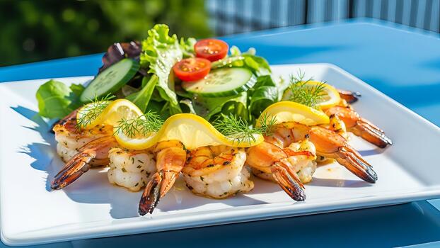 Exquisito A la parrilla camarón con limón y un refrescante ensalada en un brillante azul antecedentes foto