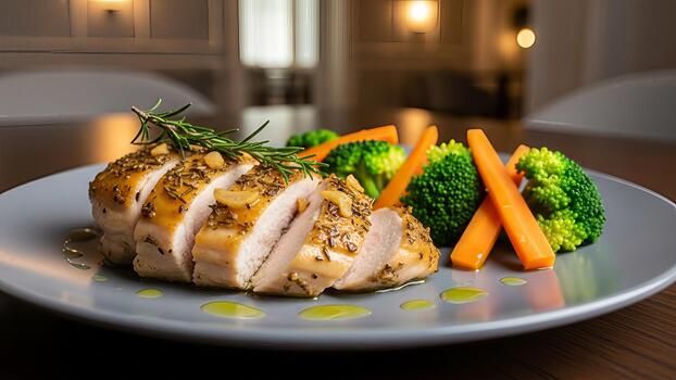 Exquisito culinario presentación presentando rebanado pollo pecho adornado con Romero y foto