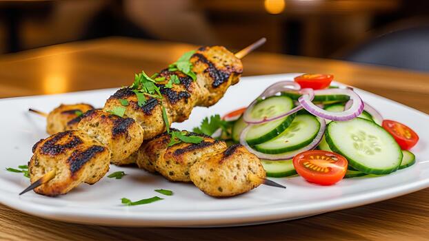 Exquisito pollo brocheta emparejado con un vibrante Pepino y tomate ensalada creación foto