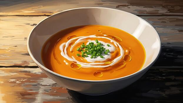 Exquisite bowl of creamy pumpkin soup with toppings on wooden surface background photo