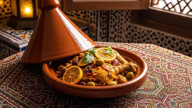 Exquisite chicken tagine with lemon and olives displayed against mosaic backdrop photo