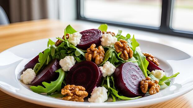 Exquisite beet salad with goat cheese and walnuts served in a bright setting photo
