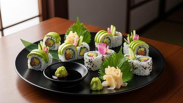 Exquisite array of fresh sushi rolls adorned with avocado on a sleek black platter creating a photo