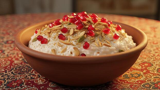 Exotic rice pudding with pomegranate seeds and almond flakes in a rustic bowl presentation photo