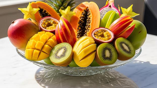 Exotic fruit composition in a glass bowl, a colorful array of natural vitamins displayed beautifully photo